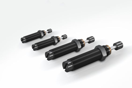 Self-adjusting miniature shock absorbers from the MC5 to MC75 series made by ACE with thread sizes from M5x0.5 to M12x1 for the reduction of effective weights between 0.5 kg and 72 kg